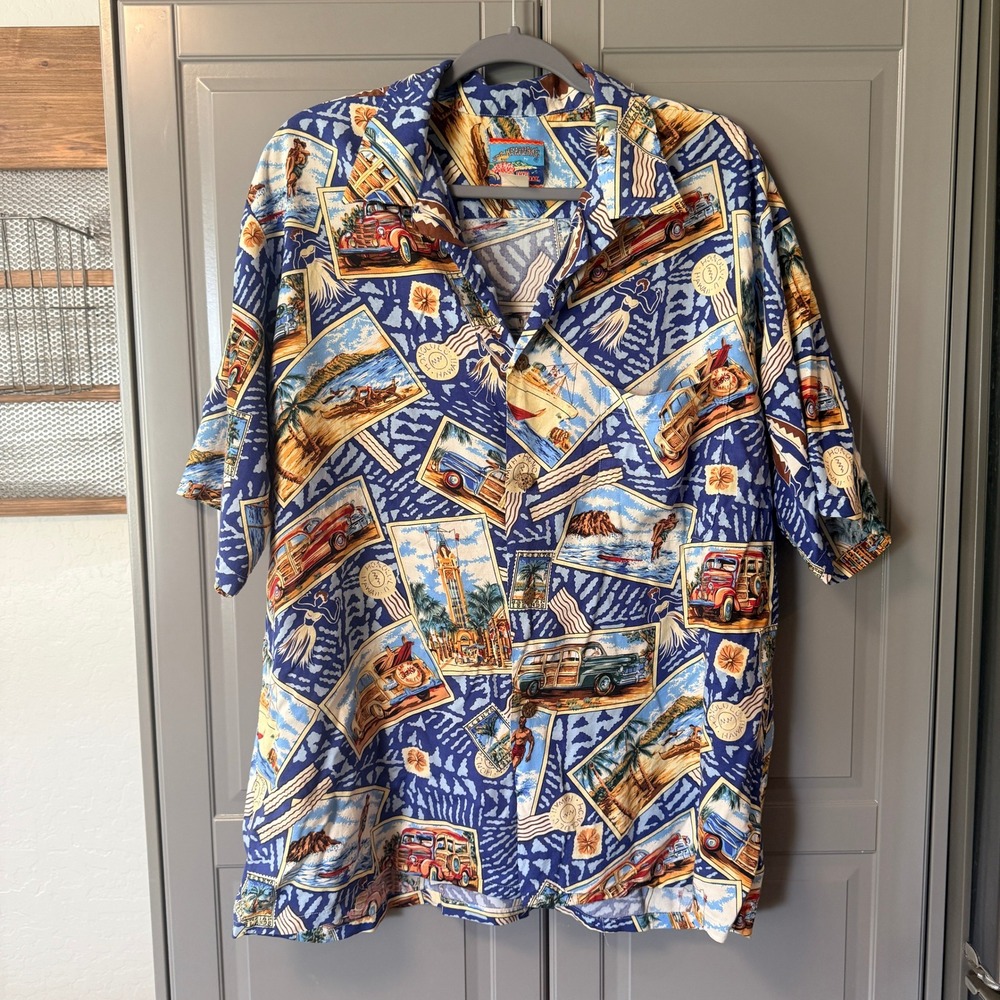Reyn‎ Spooner Joe Kealoha's Vintage 90s Woody Surf Hawaiian Shirt, Blue,XL